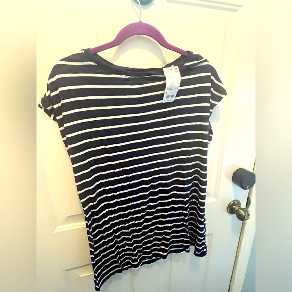 NWT Women’s Uniqlo Modal Linen Boat Neck Short Sleeve T-Shirt in Navy, Size L